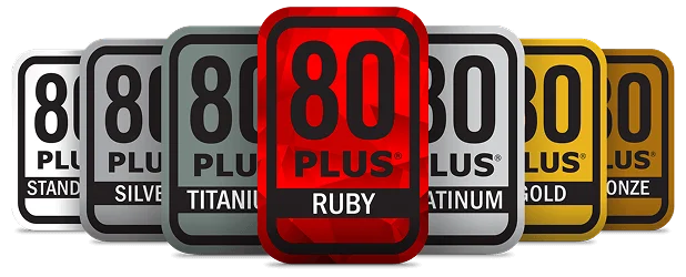 Une collection des badges de certification d'efficacité 80 PLUS, avec 'RUBY' en rouge. On aperçoit également les niveaux STANDARD, SILVER, TITANIUM, PLATINUM, GOLD et BRONZE.