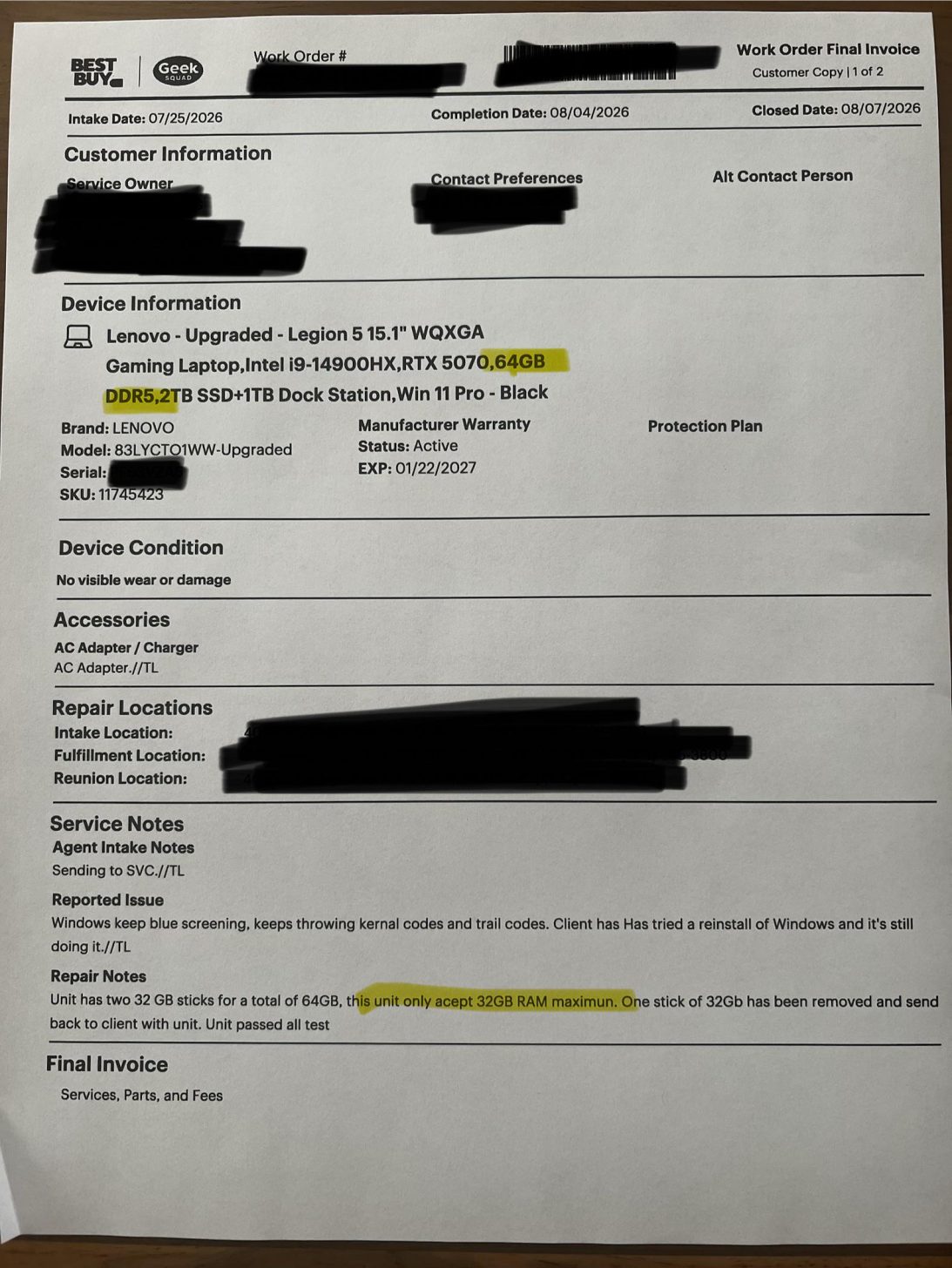 Gaming laptop owner says Best Buy removed one stick of 32GB DDR5 RAM from his machine and set it back