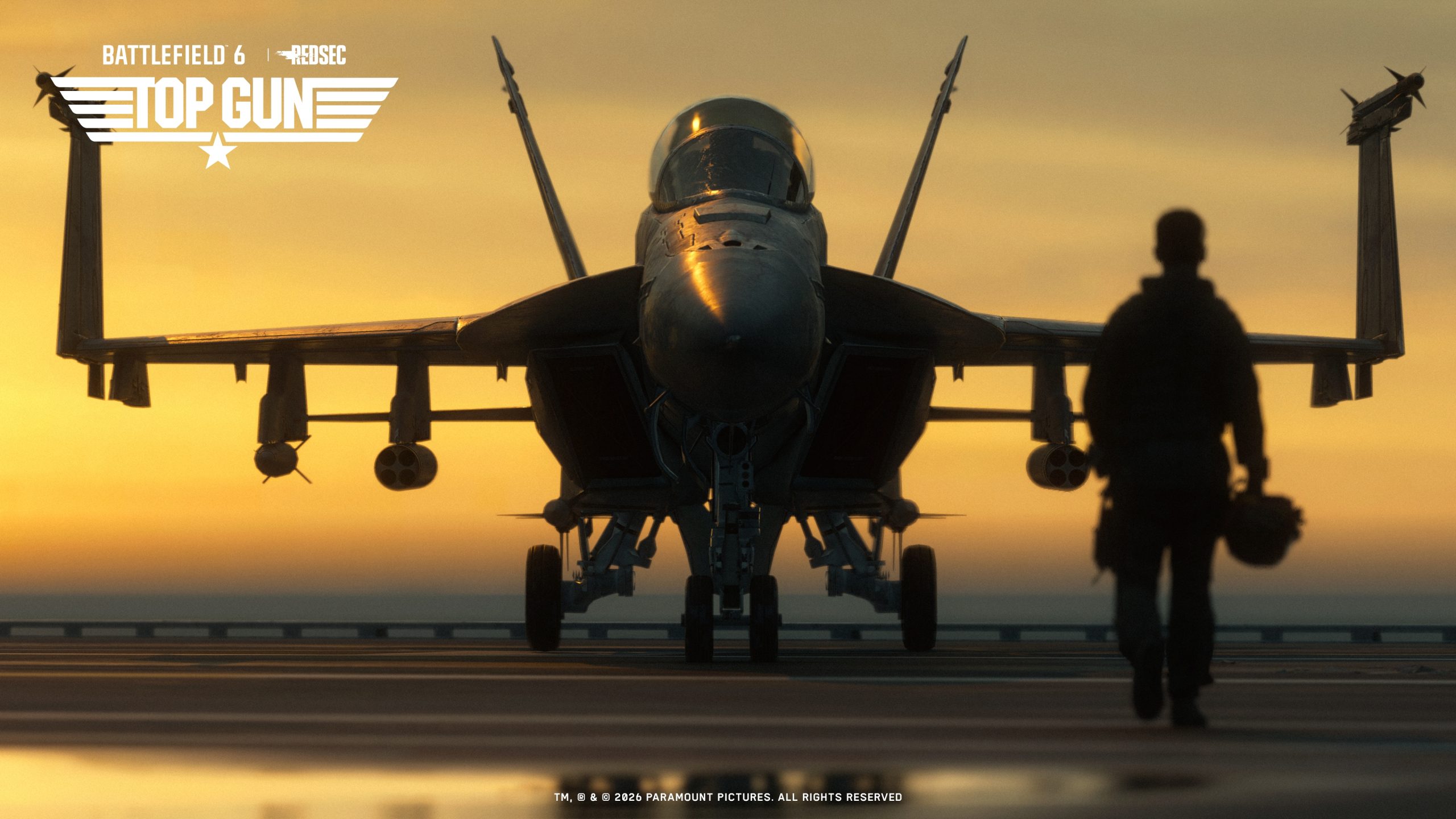 Un pilote en silhouette s'approche d'un avion de chasse sur un porte-avions au coucher du soleil avec le texte 'Battlefield 6 | RedSec Top Gun'.