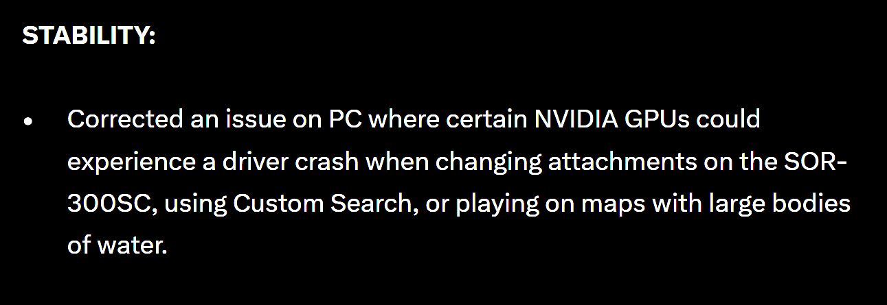 Diapositive intitulée « STABILITY : » détaillant la correction d’un problème PC où certains GPU NVIDIA subissaient des crashs de pilote lors du changement d’accessoire sur le SOR-300SC, de l’utilisation de la recherche personnalisée ou du jeu sur des cartes comportant de grandes étendues d’eau.