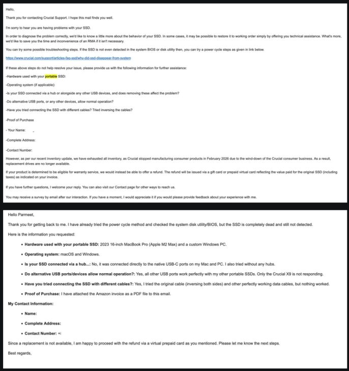 Échange d'emails détaillant les étapes de dépannage et la communication concernant un SSD Crucial non détecté, avec le matériel utilisé : un MacBook Pro 16 pouces 2023 (Apple M2 Max) et un PC Windows personnalisé.