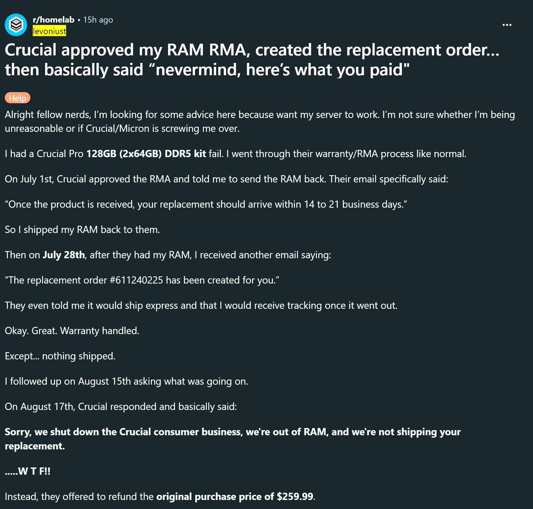 Capture d'écran d'un post Reddit détaillant le refus de remplacement d'un kit RAM Crucial Pro 128 Go et l'offre de remboursement de 259,99 dollars.