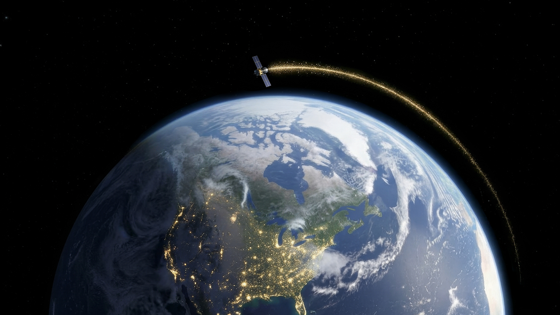 Un satellite en orbite terrestre au-dessus de l'Amérique du Nord, avec les lumières des villes visibles sur le continent.