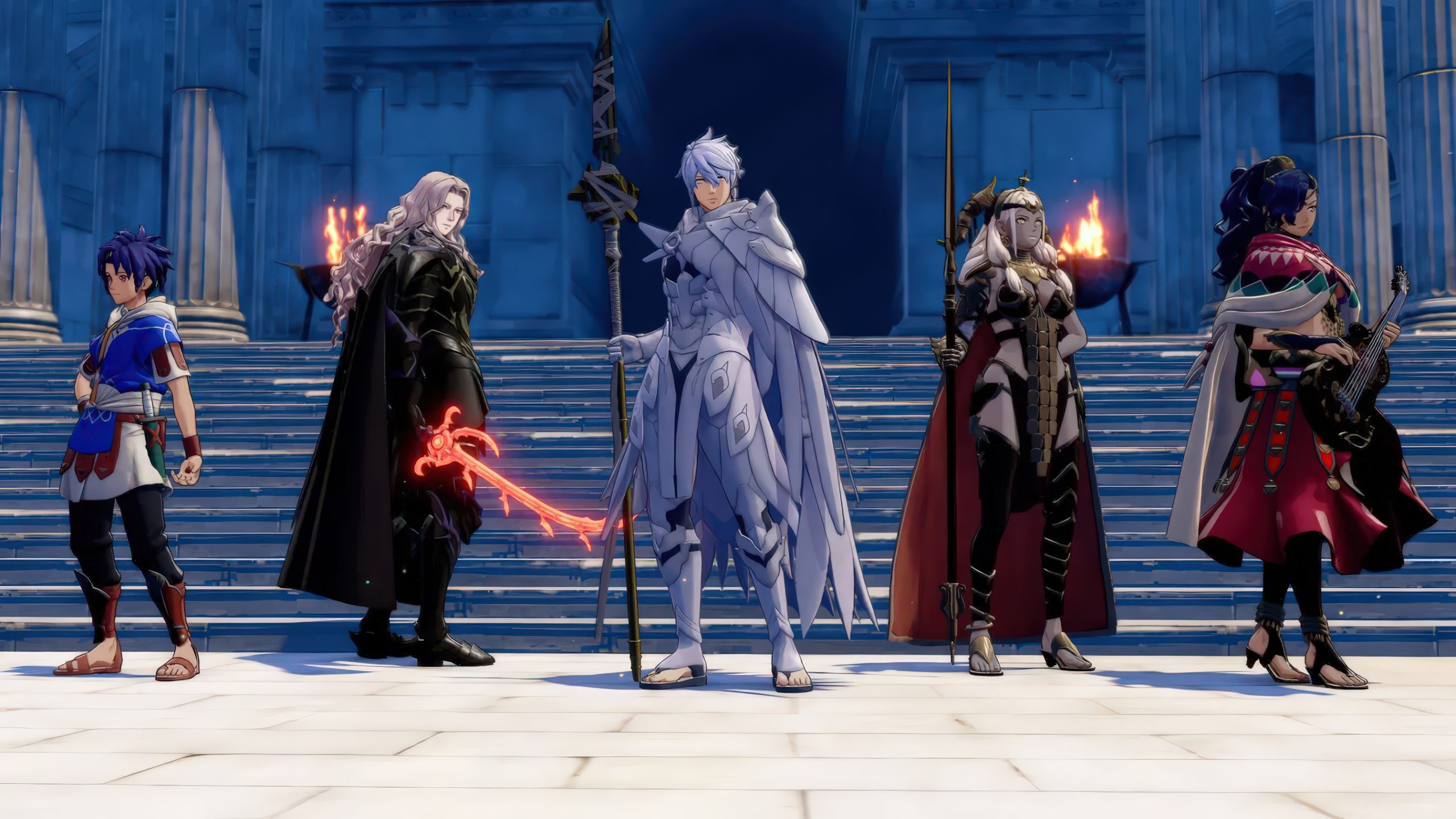 Cinq personnages de style anime se tiennent devant un grand escalier, chacun équipé d'armes et d'armures uniques, avec une figure centrale en armure blanche tenant une grande lance.