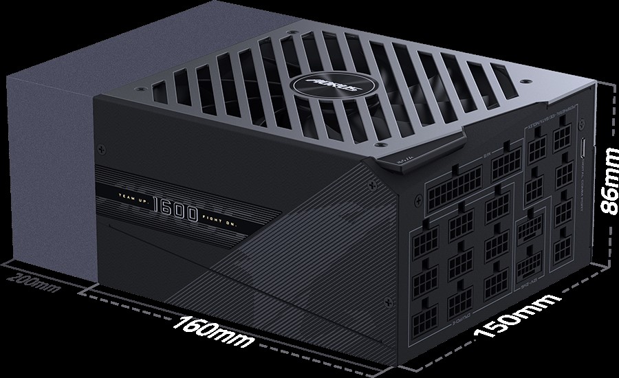 Alimentation Gigabyte Aorus 1600W avec dimensions 160mm x 150mm x 86mm