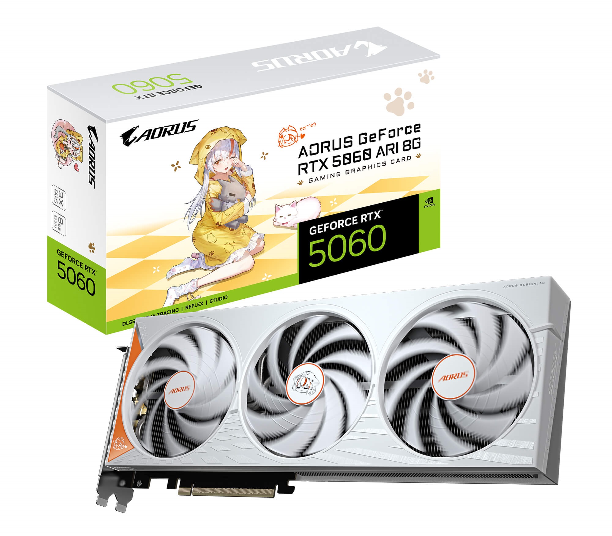 Boîte et carte graphique AORUS RTX 5060 ARI. On voit une illustration du personnage ARI en tenue jaune et un design anime sur le ventilateur.