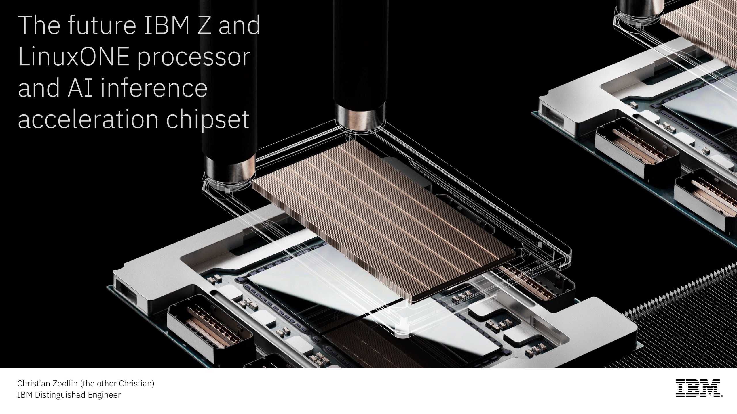 Vue détaillée d'une conception de chipset avec le texte 'The future IBM Z and LinuxONE processor and AI inference acceleration chipset' à côté d'un logo IBM.