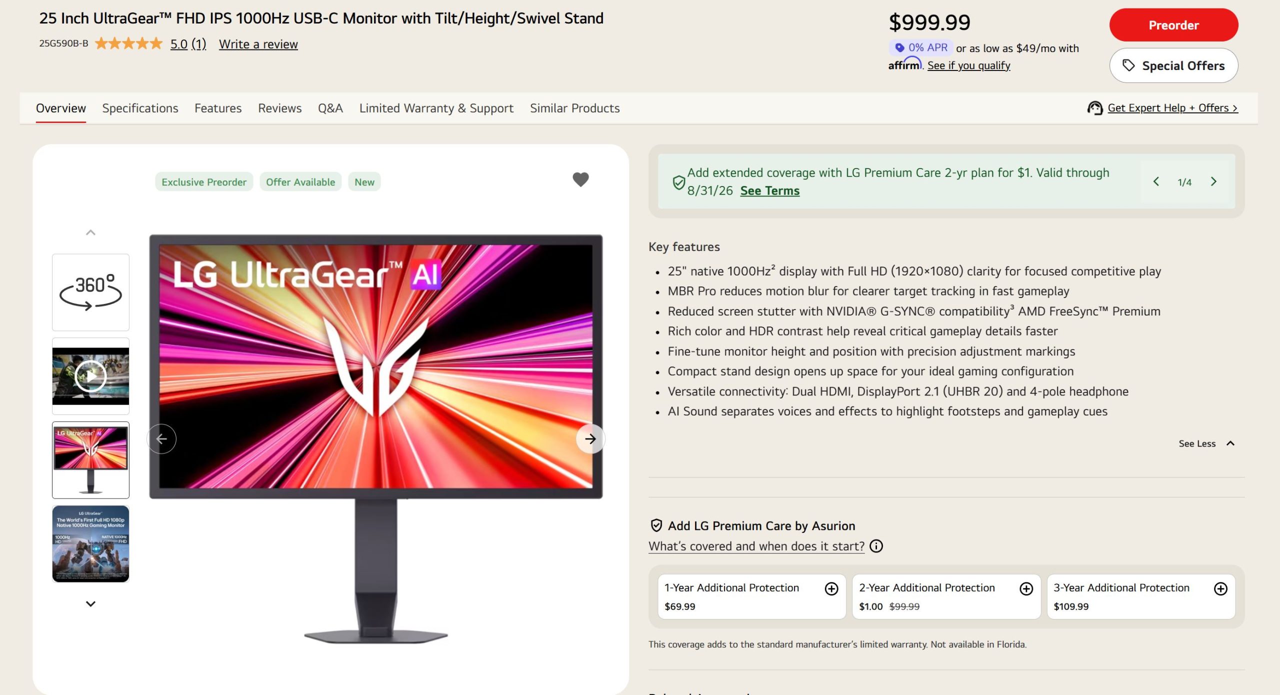 Le moniteur LG UltraGear AI est mis en avant avec un écran coloré, sous l'intitulé '25 Inch UltraGear FHD IPS 1000Hz USB-C Monitor with Tilt/Height/Swivel Stand', affiché à 999,99 €.