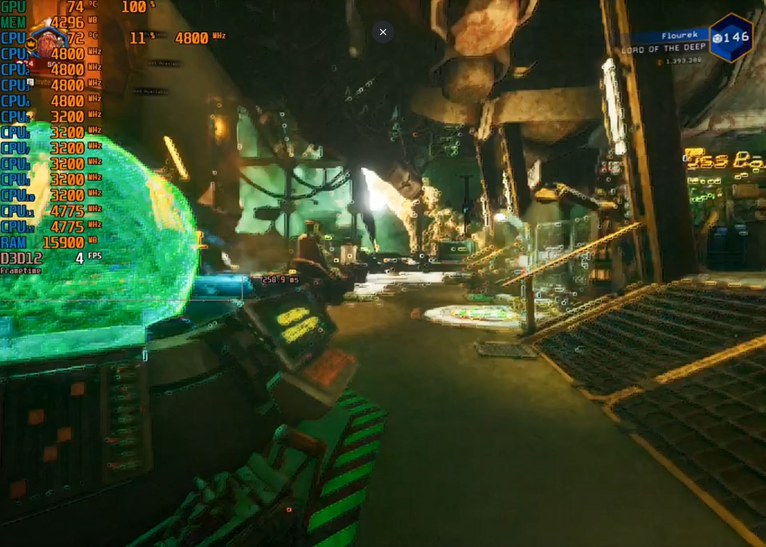 In-game scene from 'Deep Rock Galactic' showing performance metrics such as 'CPU: 4800 MHz', 'GPU: 4296 MHz', and 'RAM: 15900 MB'.