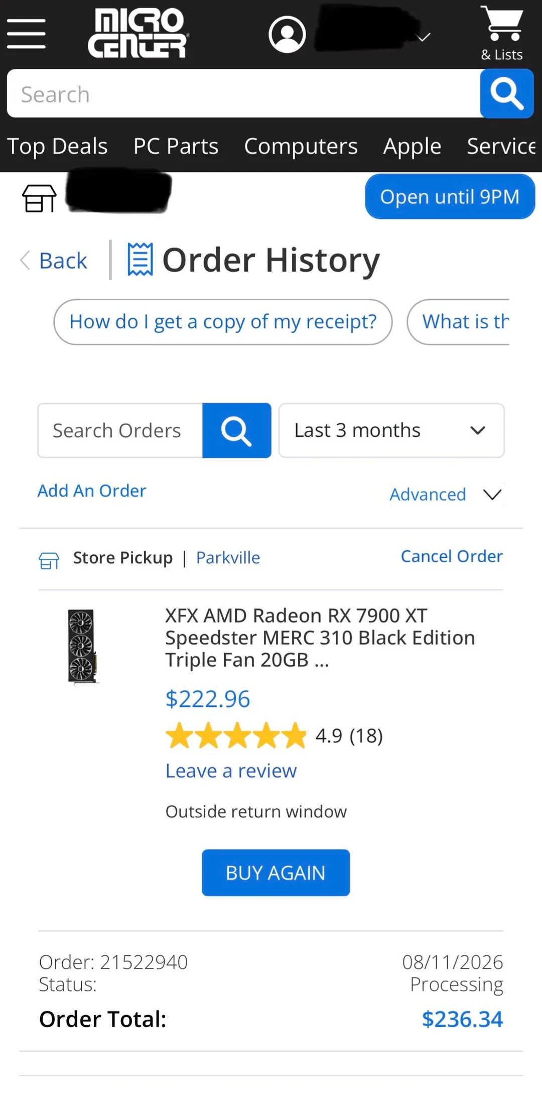 Capture d'écran de l'historique de commande Micro Center, montrant l'achat d'une carte graphique XFX AMD Radeon RX 7900 XT Speedster MERC 310 Black Edition 20GB pour 222.96€.