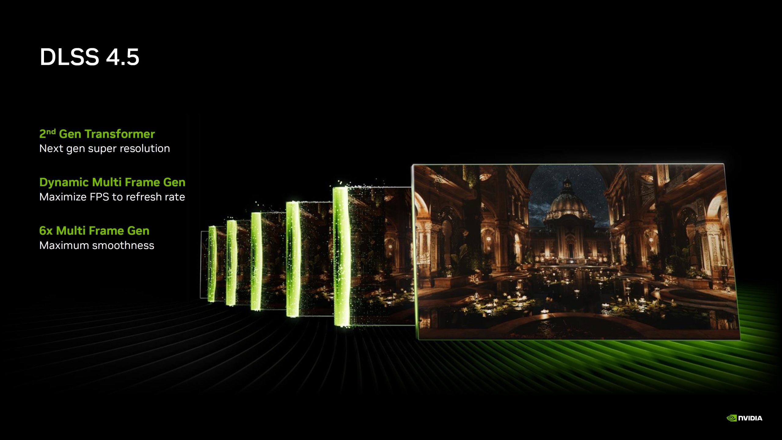Image promotionnelle présentant les fonctionnalités de NVIDIA DLSS 4.5.