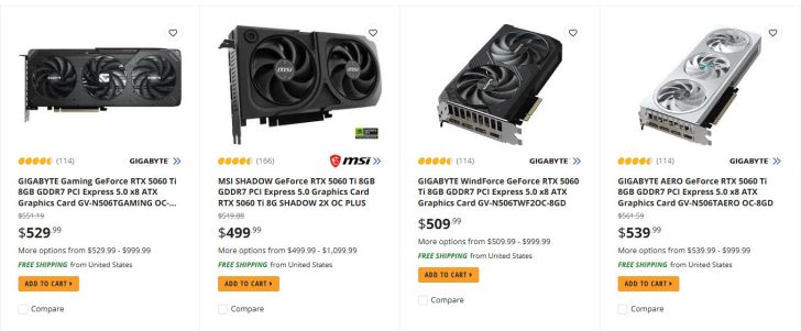 Liste de produits affichant quatre cartes graphiques : GIGABYTE Gaming GeForce RTX 5060 Ti, MSI SHADOW GeForce RTX 5060 Ti, GIGABYTE WindForce GeForce RTX 5060 Ti et GIGABYTE AERO GeForce RTX 5060 Ti, avec des prix allant de 499,99€ à 539,99€ et la mention 'LIVRAISON GRATUITE'.