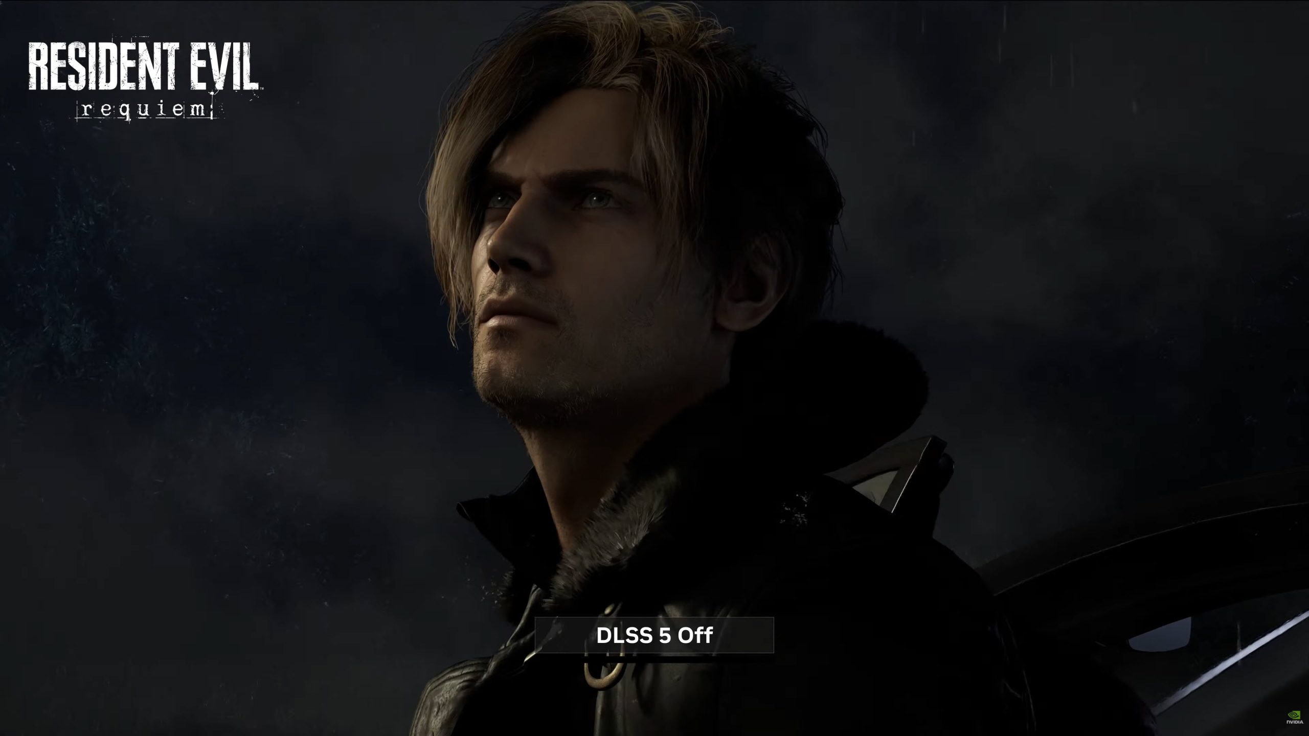 A character from Resident Evil: Requiem looks up into a dark sky, with the text 'DLSS 5 Off' displayed at the bottom.