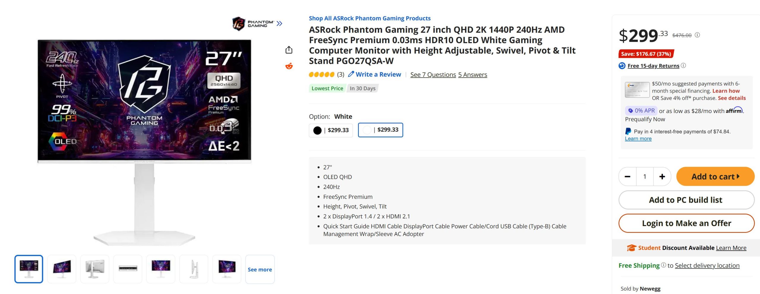 L'écran ASRock Phantom Gaming 27 pouces QD-OLED propose un taux de rafraîchissement de 240 Hz, une couverture de 99% du DCI-P3 et la technologie AMD FreeSync Premium, le tout pour un prix de vente de 299,33 €.