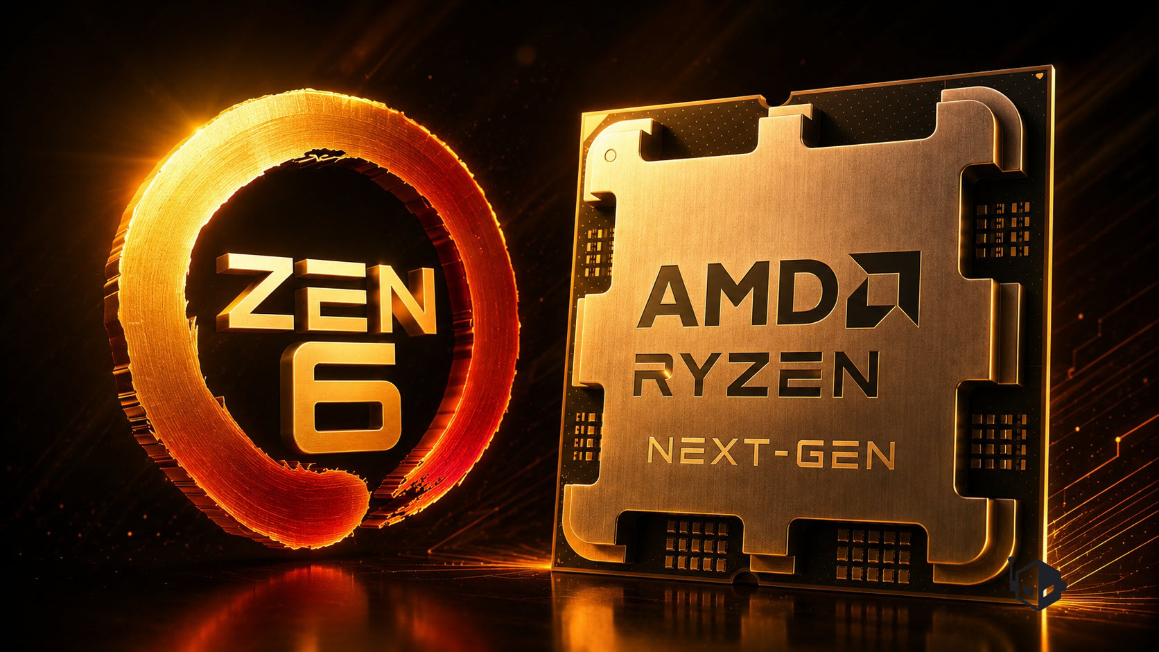A close-up image shows AMD's Zen 6 logo alongside a conceptual design of an AMD Ryzen Next-Gen processor chip.