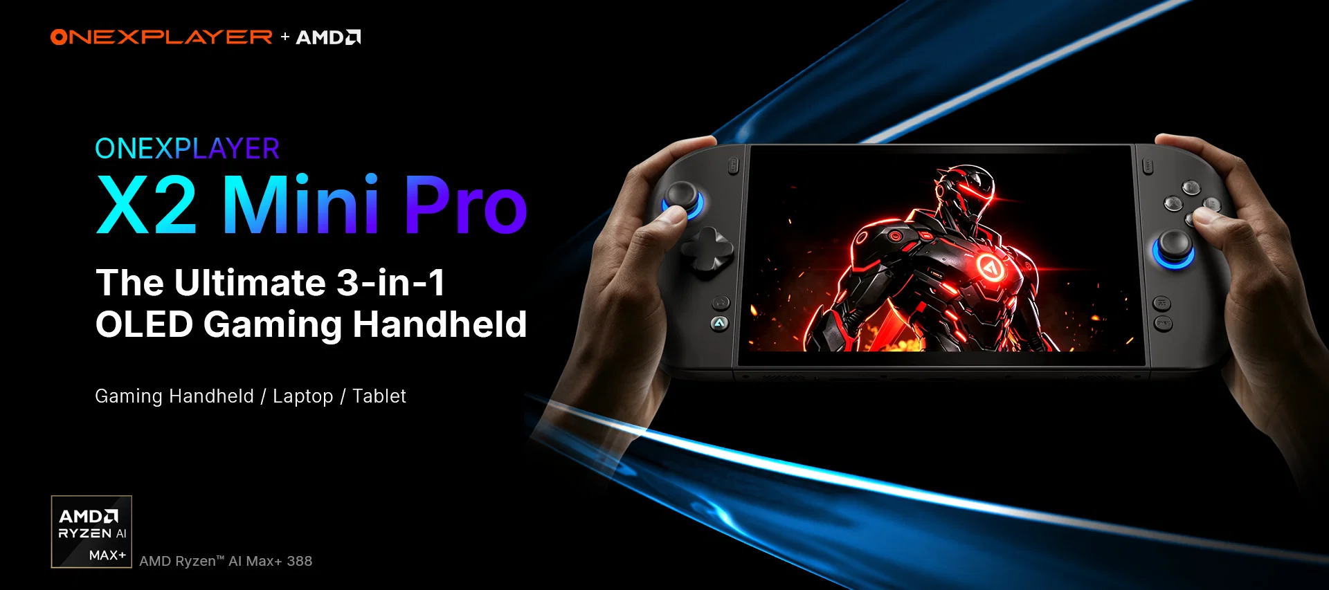 A hand holds an ONEXPLAYER X2 Mini Pro gaming device, displaying a futuristic armored character, with accompanying text stating The Ultimate 3-in-1 OLED Gaming Handheld and branding for AMD Ryzen AI Max+ 388.