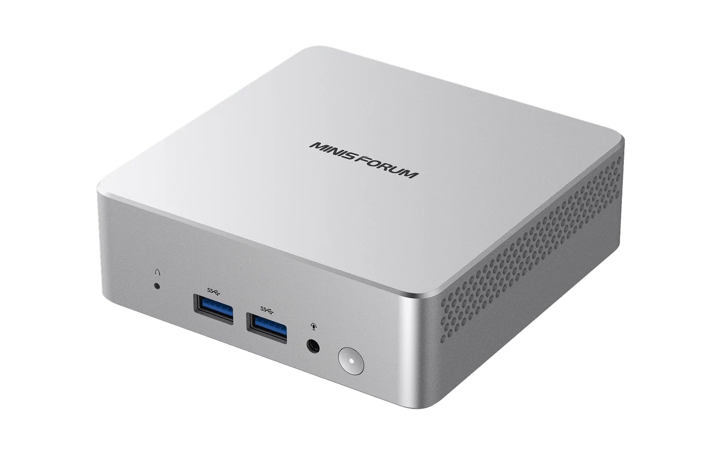 Un mini PC argenté Minisforum avec deux ports USB avant, une prise casque et un bouton d'alimentation.
