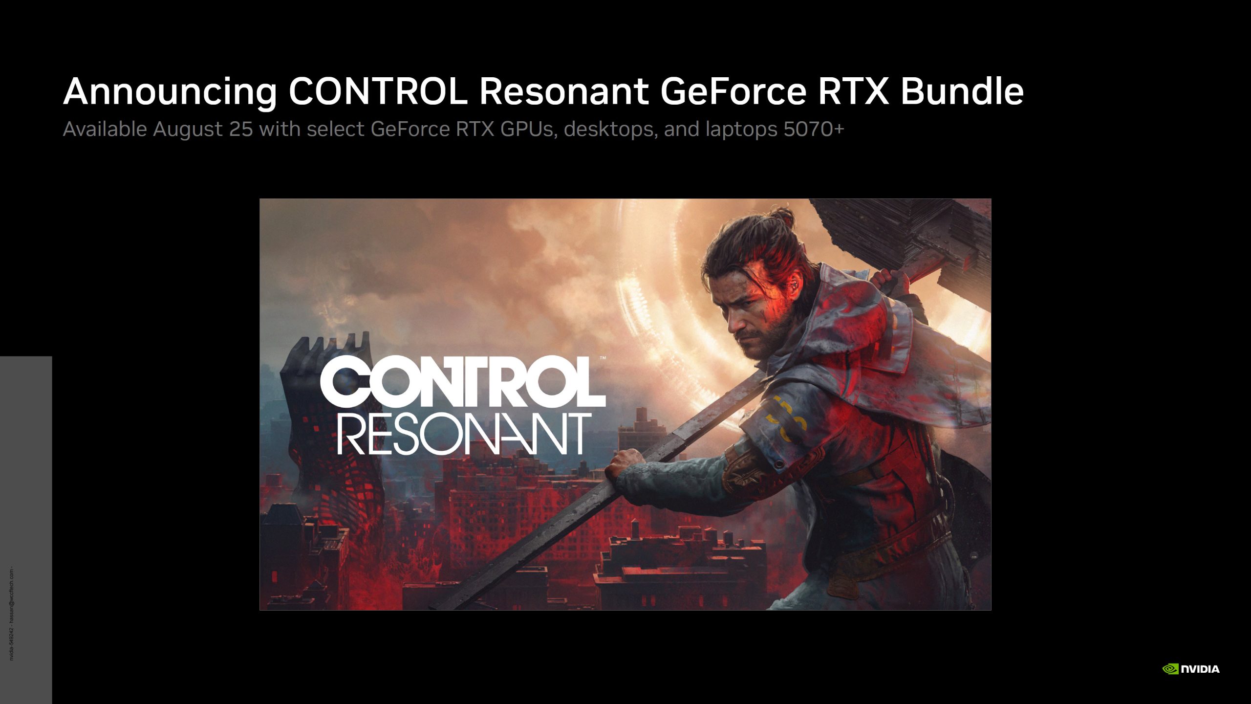 Visuel promotionnel pour l'offre bundle CONTROL Resonant GeForce RTX, disponible à partir du 25 août avec les GPU GeForce RTX 5070+, mettant en scène un personnage du jeu.