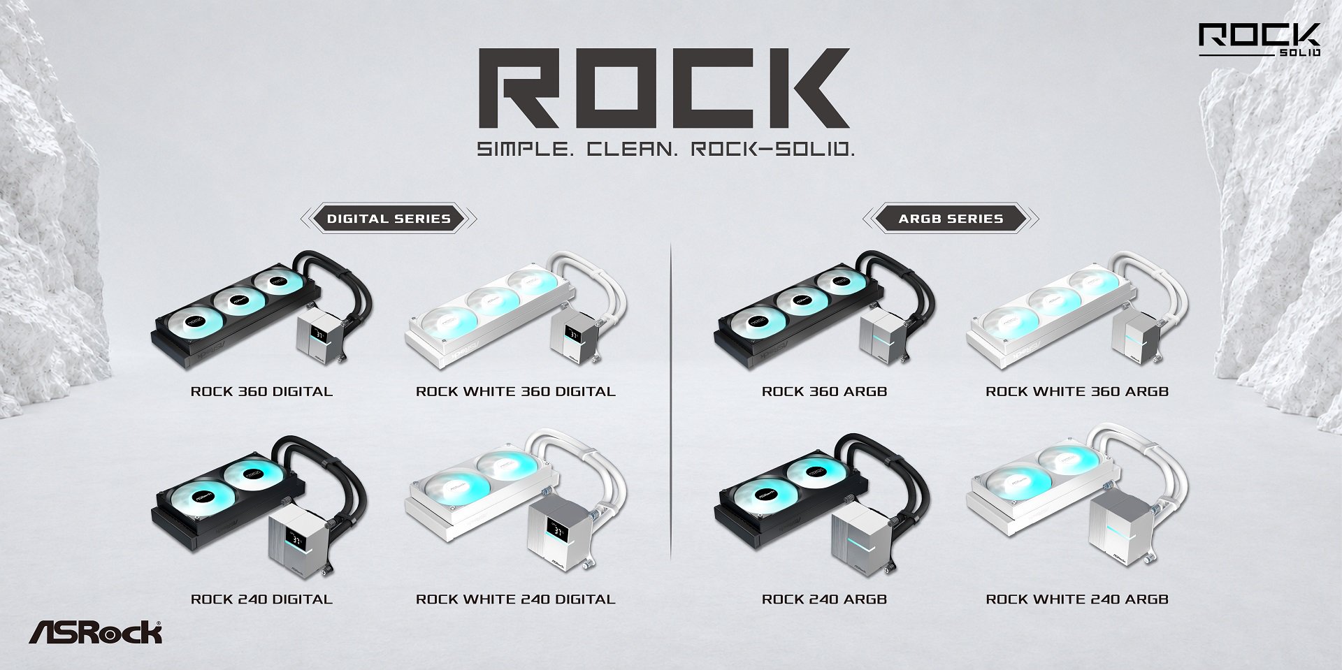 An ASRock promotional image displays the 'Rock' series of CPU coolers, highlighting models such as 'Rock 360 Digital,' 'Rock White 360 Digital,' 'Rock 360 ARGB,' and 'Rock White 360 ARGB.'