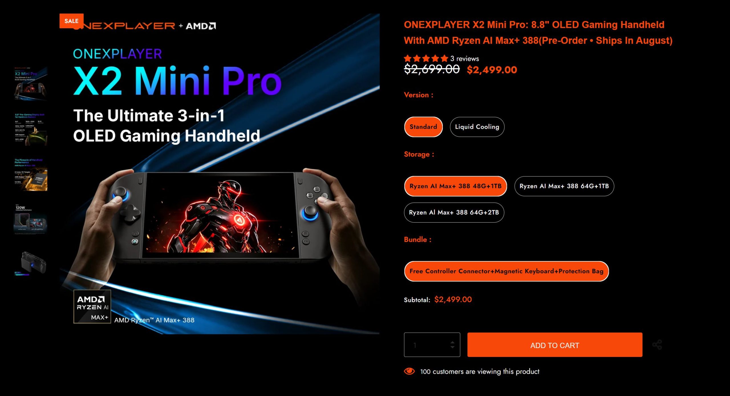 The ONEXPLAYER X2 Mini Pro is advertised as an '8.8 OLED Gaming Handheld' featuring an AMD Ryzen AI Max+ 388 processor, with pricing shown as $2,499.