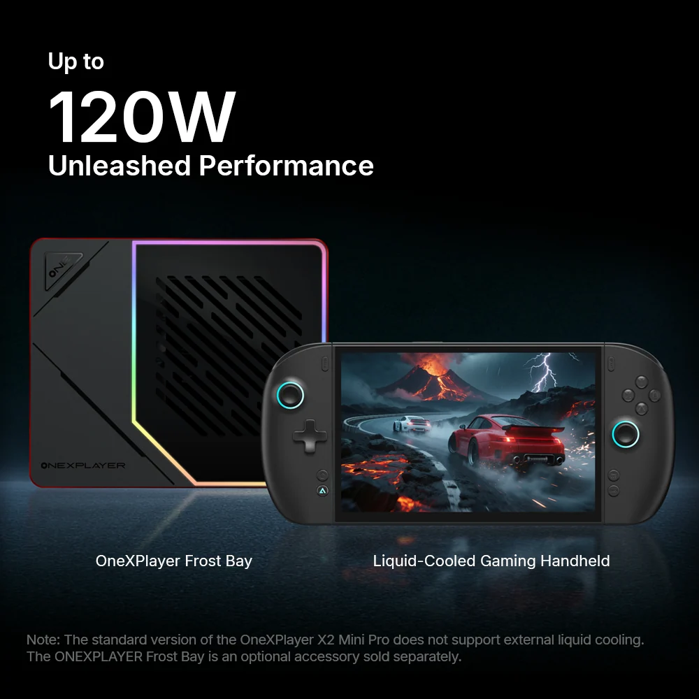 The image shows a OneXPlayer Frost Bay alongside a liquid-cooled gaming handheld displaying a racing game, with text stating 'Up to 120W Unleashed Performance.'