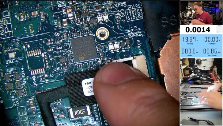 A close-up of a circuit board being inspected alongside a split-screen showing a technician working under a microscope with power readings displaying '19.87V' and '0.0014' on-screen.