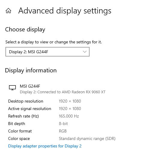 Le panneau des paramètres d'affichage avancés montre un moniteur MSI G244F connecté à une carte AMD Radeon RX 9060 XT, avec une résolution de 1920 × 1080 et un taux de rafraîchissement de 165 Hz.