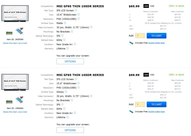 Deux annonces pour des écrans MSI GF65 THIN 10SDR SERIES 15.6 FHD, un mat à 65,99 € et un brillant à 69,99 €, tous deux avec un taux de rafraîchissement de 60 Hz.
