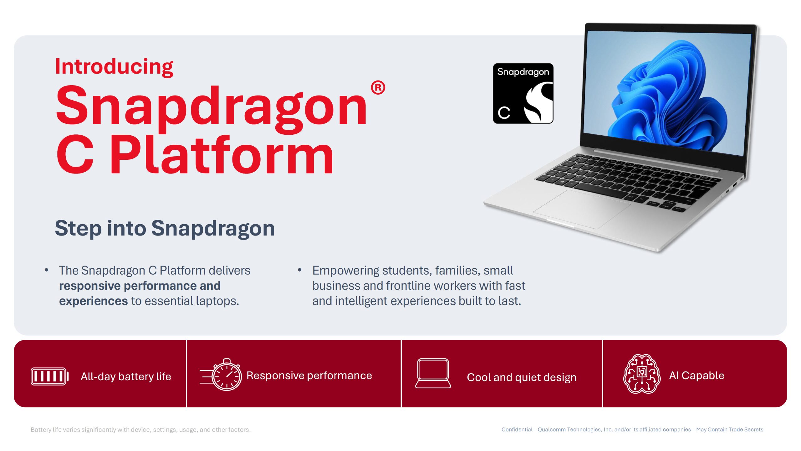 Image marketing de la plateforme Snapdragon C montrant un ordinateur portable avec des fonctionnalités comme l'autonomie d'une journée, des performances réactives, un design silencieux et frais, et des capacités IA.