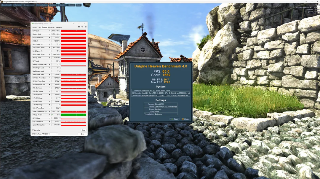 L'image montre un benchmark Unigine Heaven 4.0 sur une RTX 2060 avec un score de 1652 et 65.6 FPS.