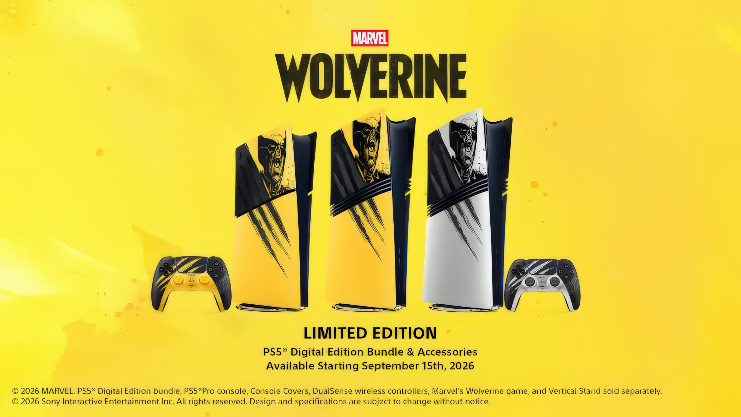 Trois consoles PS5 avec des designs Wolverine et des manettes assorties, étiquetées Édition limitée disponibles à partir du 15 septembre 2026, sur fond jaune.
