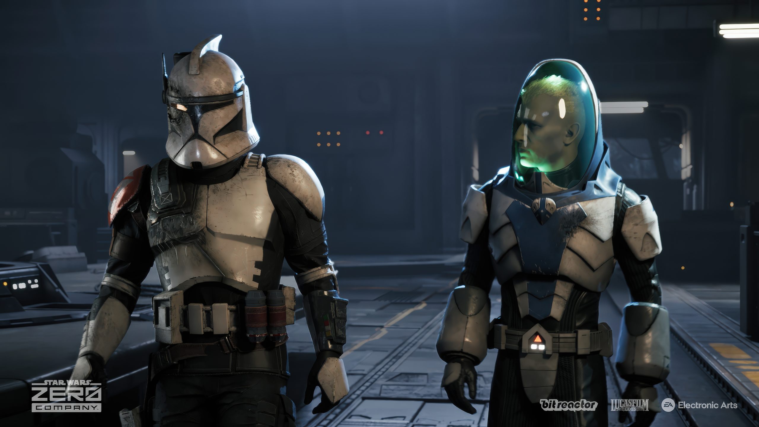 Deux personnages en armure futuriste marchent côte à côte dans une pièce faiblement éclairée, avec le texte 'Star Wars: Zero Company'.