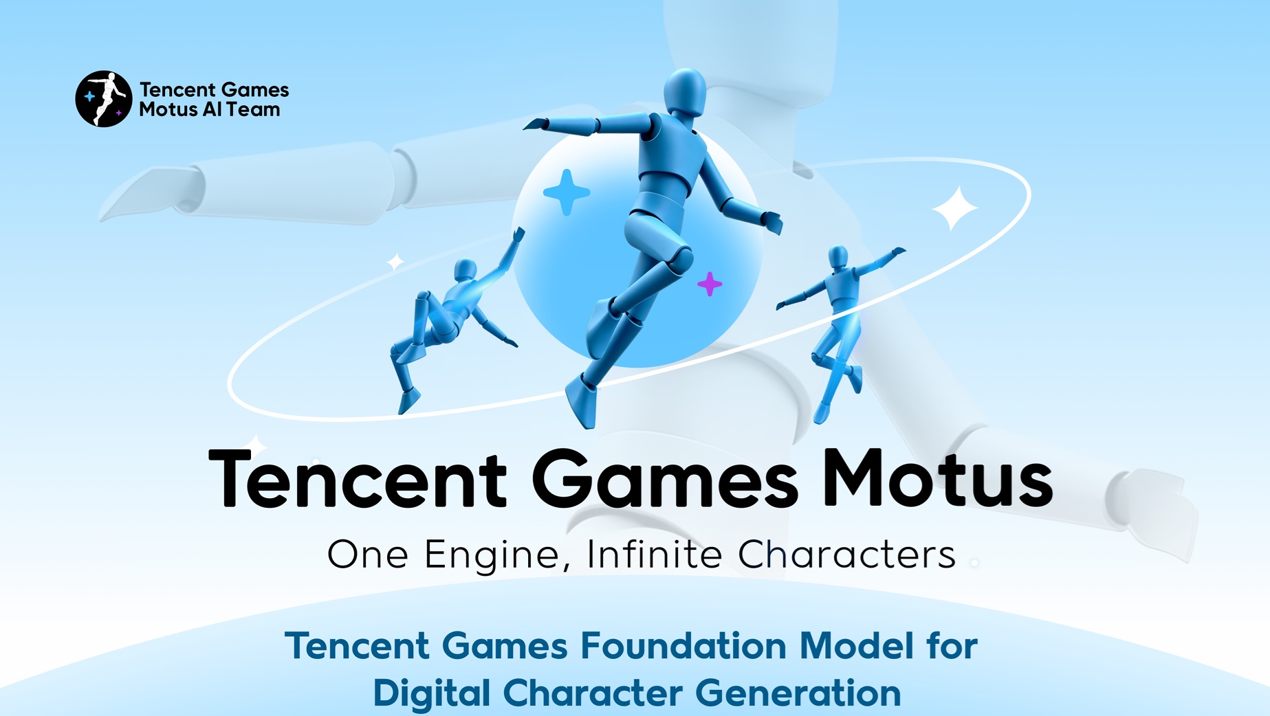 Trois figures humanoïdes bleues sont représentées avec les textes 'Tencent Games Motus', 'Un Moteur, Des Personnages Infinis', et 'Modèle Fondamental Tencent Games pour la Génération de Personnages Numériques'.