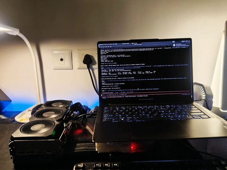 Un portable non marqué affichant du code, à côté d'une installation GPU avec plusieurs ventilateurs, sous une lampe de bureau.