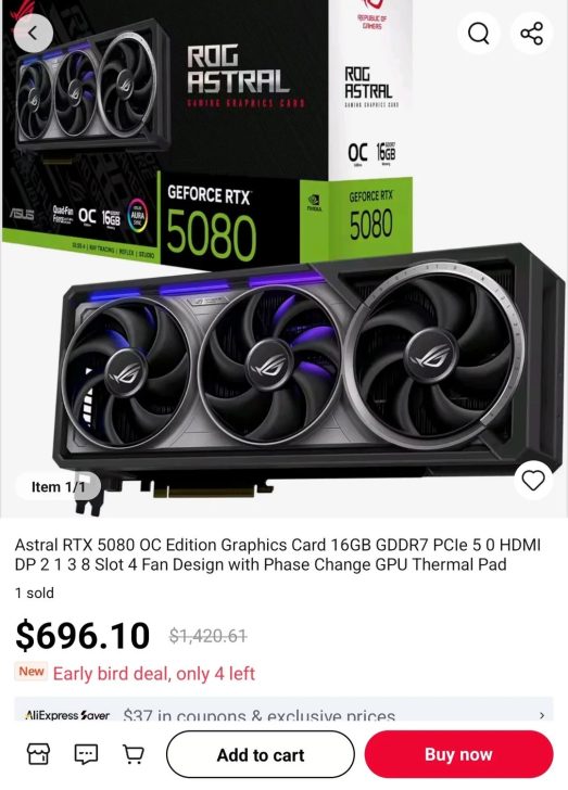 Boîte de la carte graphique ASUS ROG Astral GeForce RTX 5080 OC Edition avec 16 Go de mémoire GDDR7.