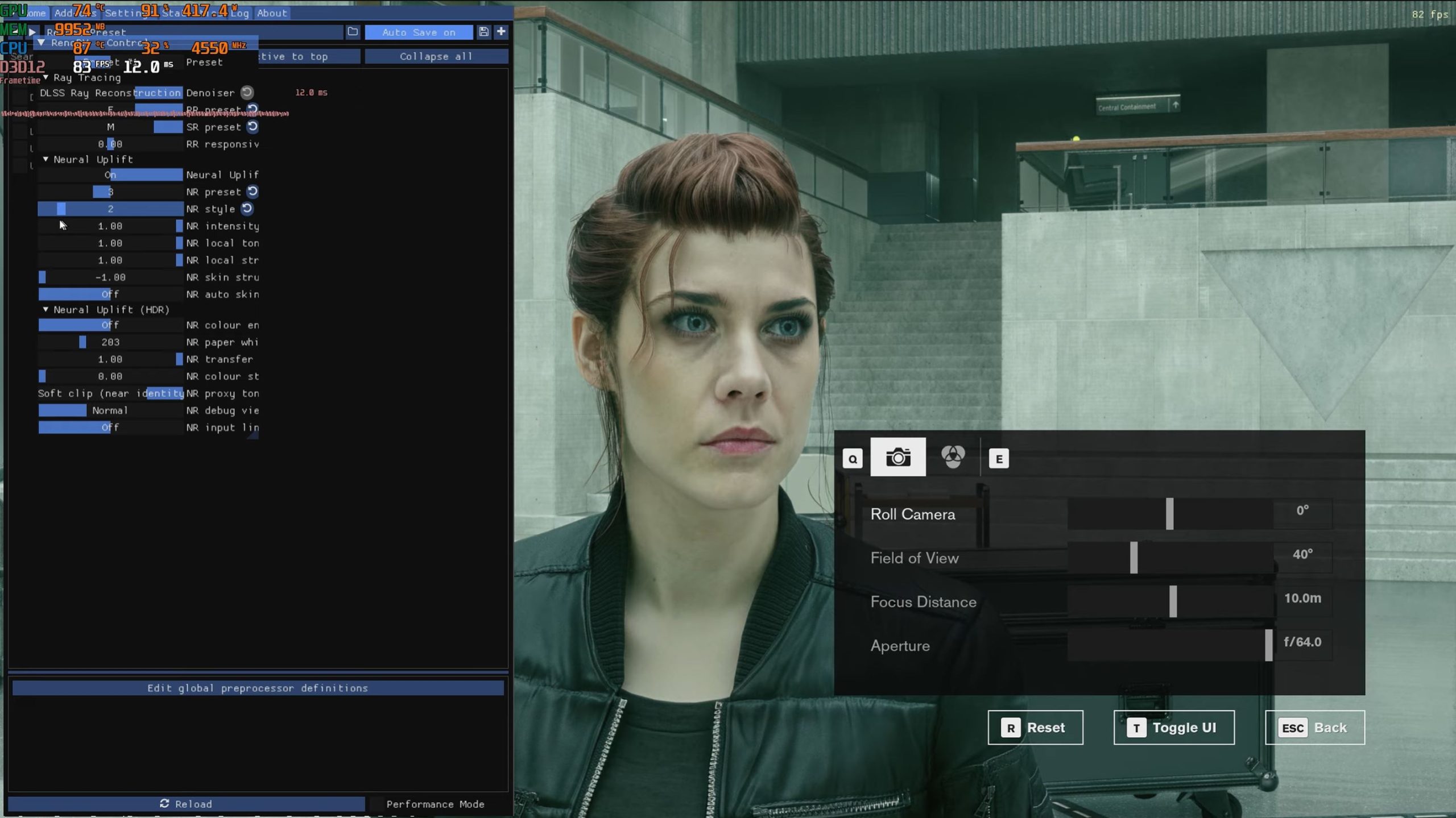 A character in the game 'Control' stands in an atrium, with a graphical settings menu overlay displaying various adjustments such as 'DLSS Ray Reconstruction' and 'Neural Uplift.'