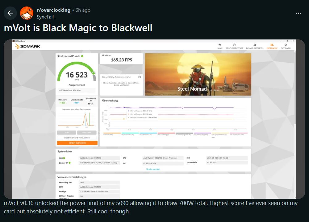 Un écran de résultat de benchmark 3DMark montre un NVIDIA GeForce RTX 5090 avec un score de 16,523 points et un framerate de '165.23 FPS' sous le profil 'Steel Nomad'.
