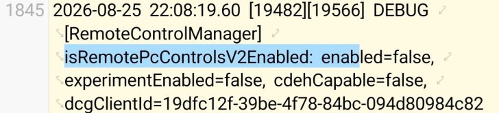 Ligne de code avec 'isRemotePcControlsV2Enabled: enabled=false,'