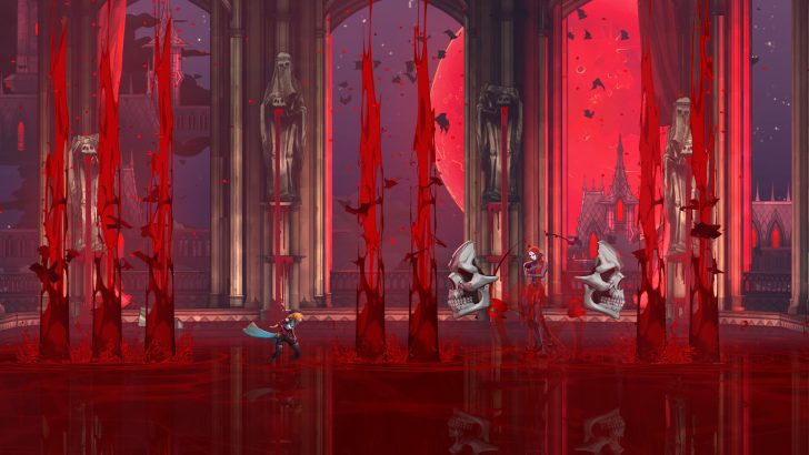 Un personnage du jeu 'Dead Cells' affronte un boss dans un décor de cathédrale gothique avec une lune rouge en arrière-plan.