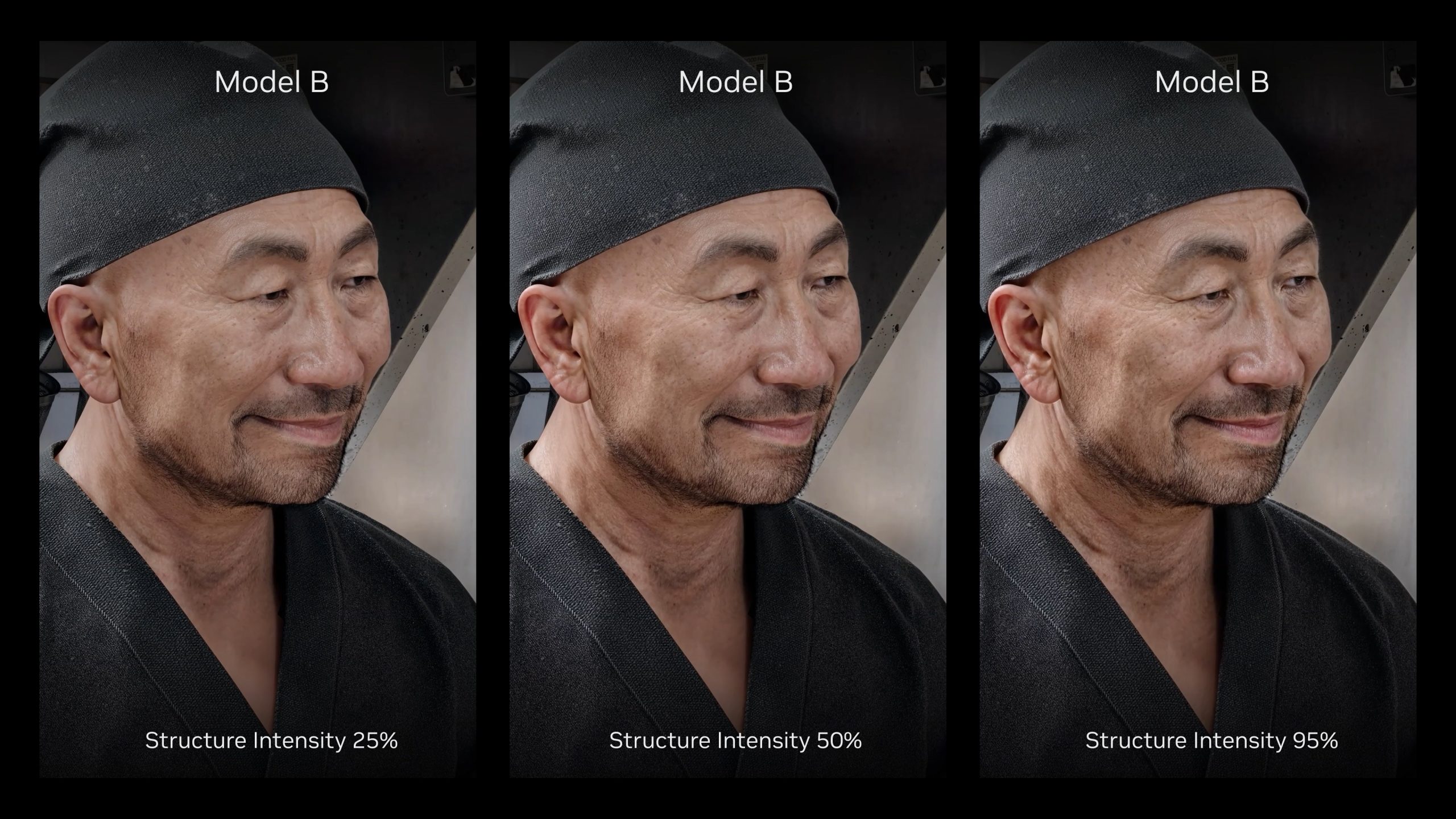 Trois images intitulées 'Modèle B' montrant le visage d'un homme avec des ajustements d'Intensité de la Structure à 25%, 50% et 95%.