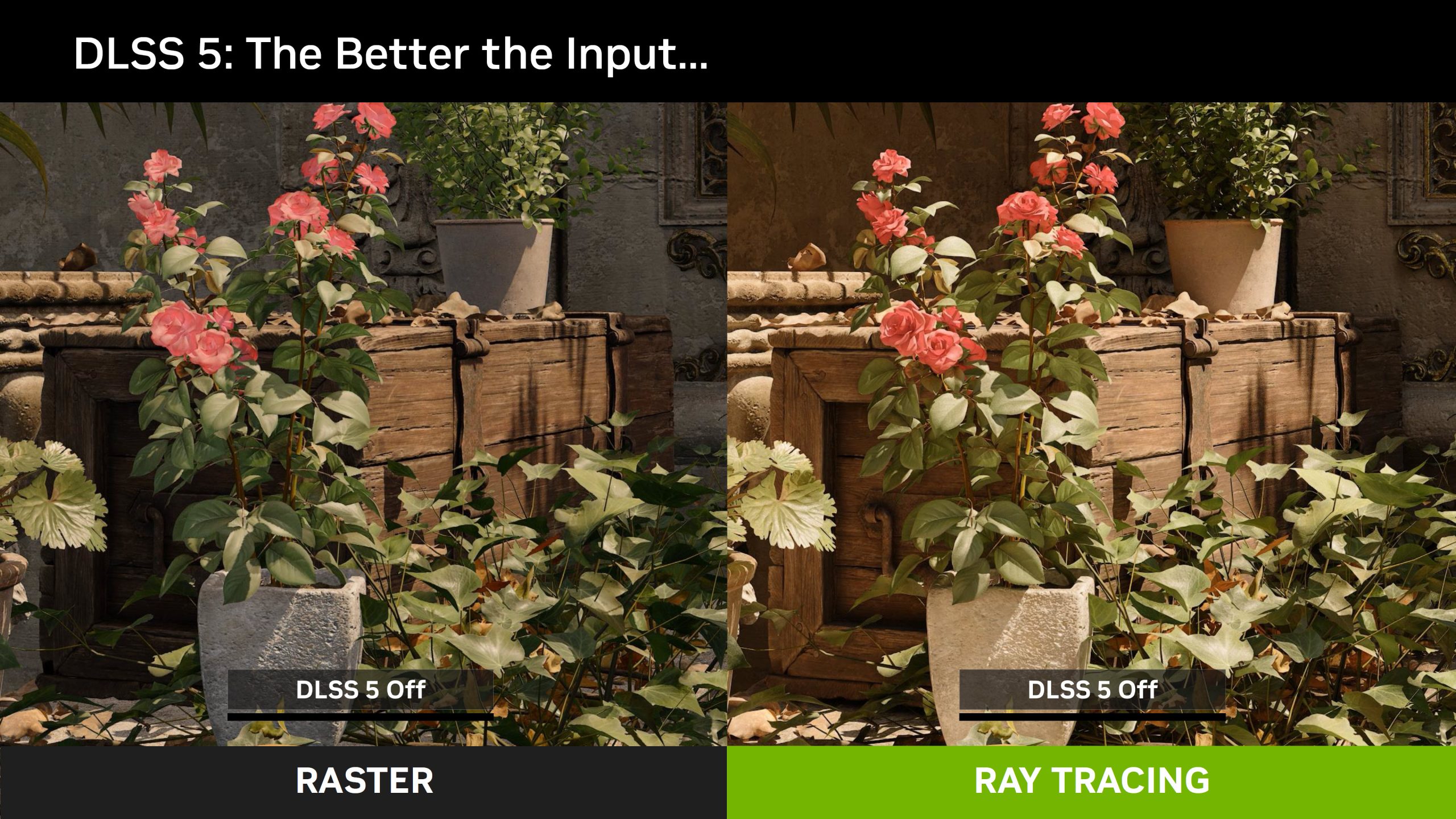 Une image de comparaison intitulée 'DLSS 5 : The Better the Input...' montre deux scènes de fleurs dans une boîte en bois ; le côté gauche est étiqueté 'RASTER' avec 'DLSS 5 Off' et le côté droit étiqueté 'RAY TRACING' avec également 'DLSS 5 Off'.