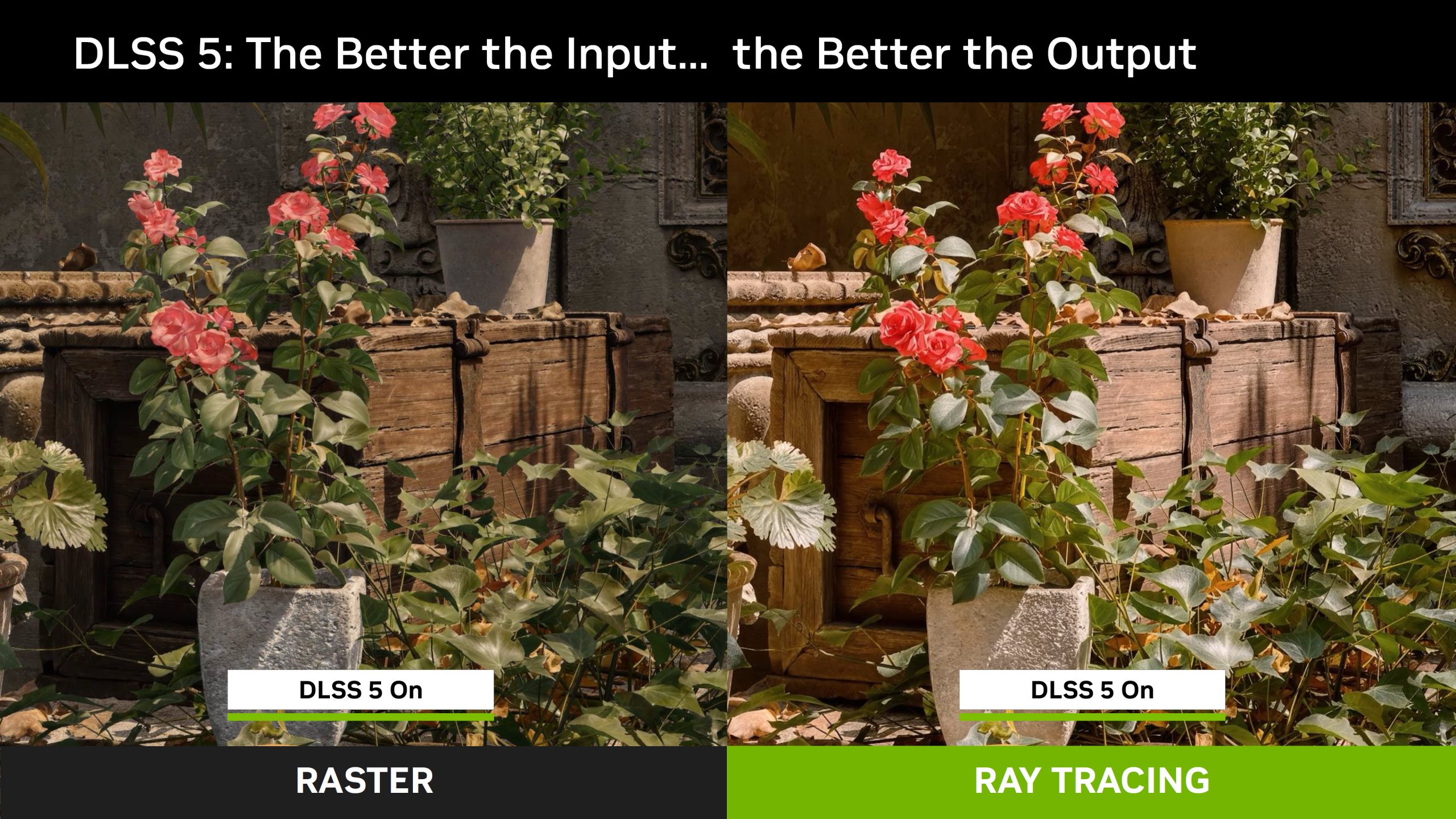 Une comparaison côte à côte d'une scène végétale avec 'DLSS 5 On' montre 'RASTER' à gauche et 'RAY TRACING' à droite, illustrant les détails et effets d'éclairage améliorés avec le ray tracing.