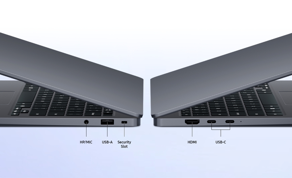 Deux ordinateurs portables partiellement fermés, montrant les ports 'HP/MIC', 'USB-A' et 'Security Slot' à gauche, et 'HDMI', 'USB-C' à droite.