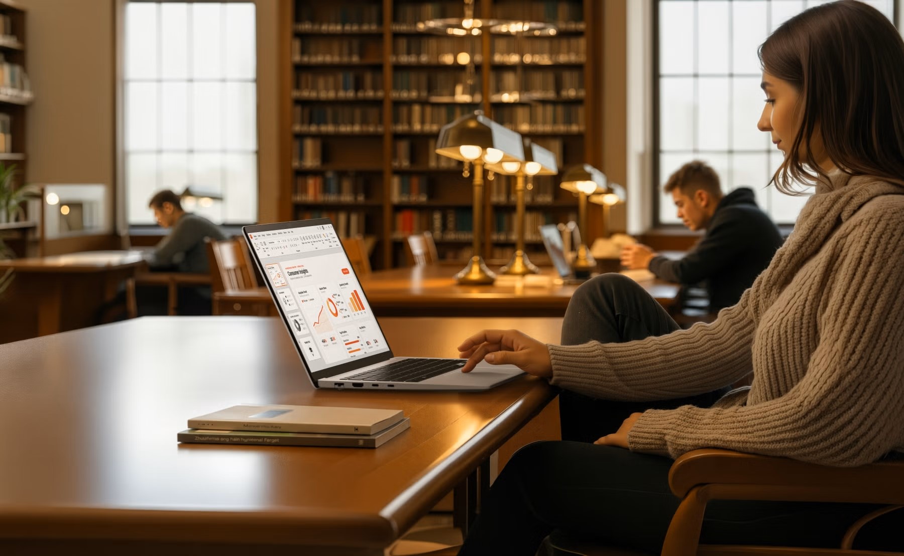 Une femme utilise un ordinateur portable non marqué affichant un tableau de bord d'analyse d'entreprise avec des graphiques intitulés 'Current graph', dans une bibliothèque.