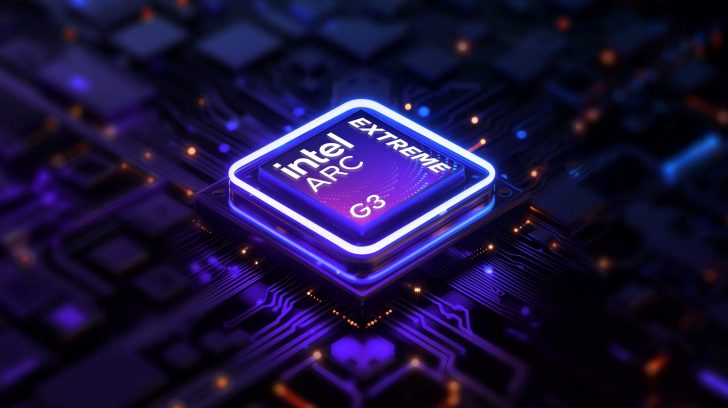 Une puce Intel luminescente portant la mention 'INTEL ARC EXTREME G3', sur fond de carte électronique futuriste.