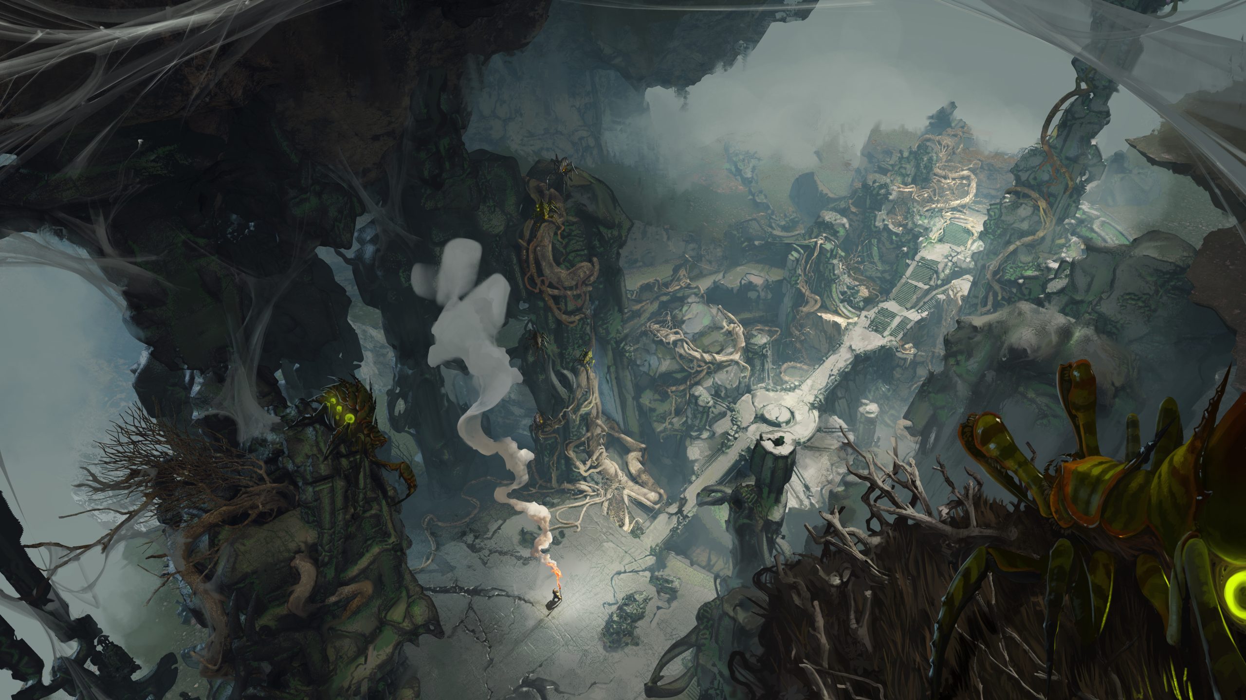 A character in the game 'Guild Wars 3' explores a mystical cavernous landscape with twisted vines and oversized insects.
