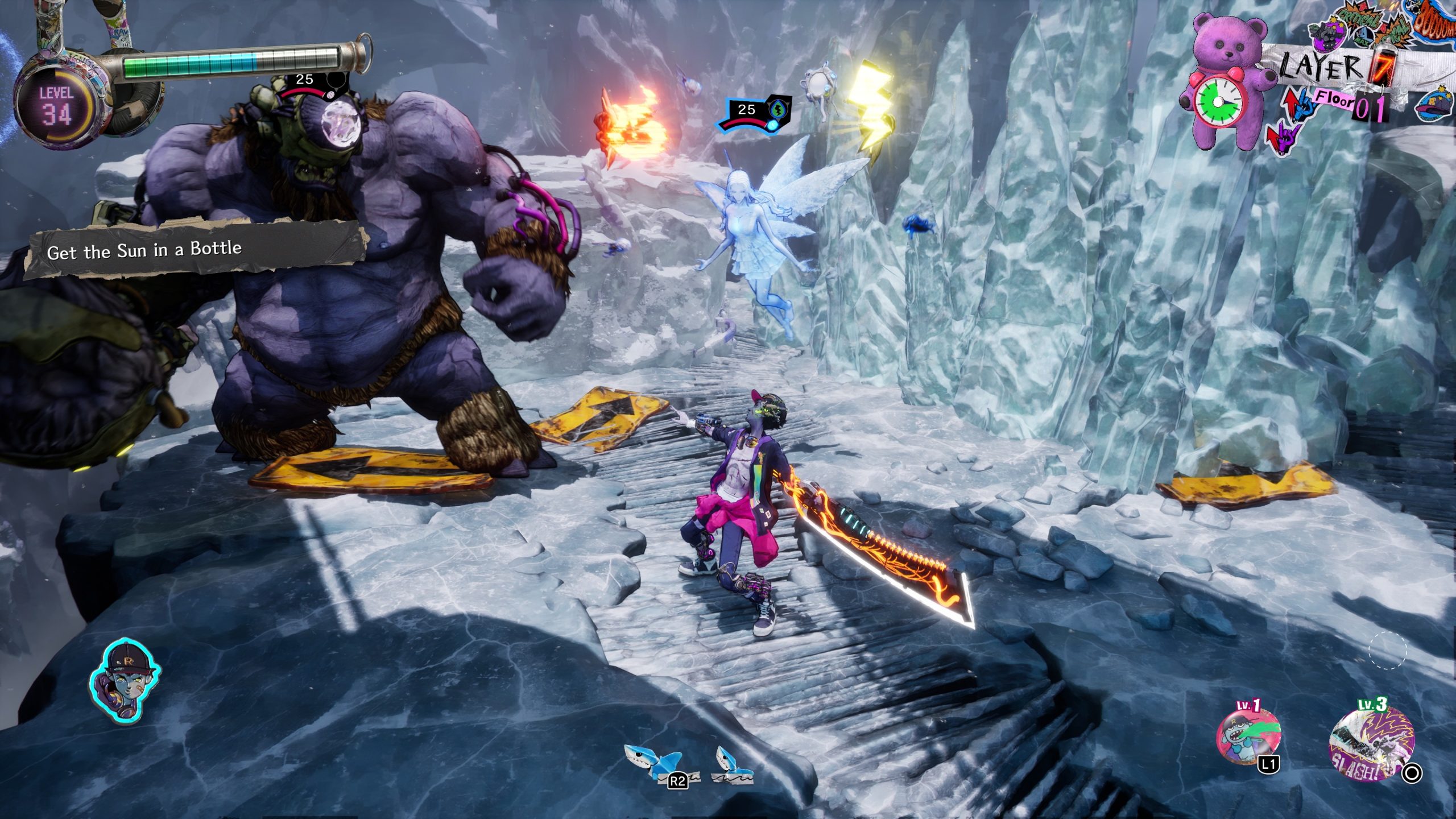 Un personnage avec une épée lumineuse affronte un ogre dans une grotte glacée.