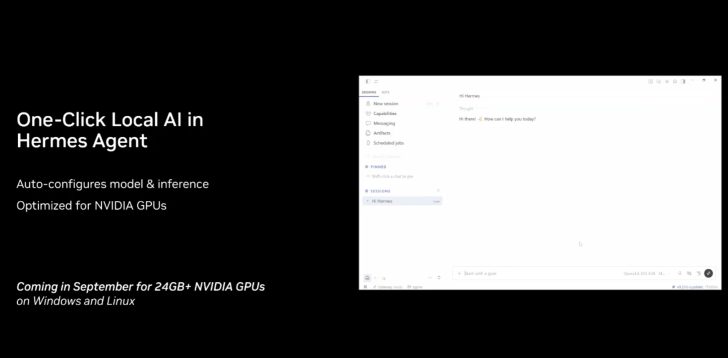 Interface de l'agent Hermes mettant en avant la configuration en un clic et l'optimisation pour les GPU Nvidia.