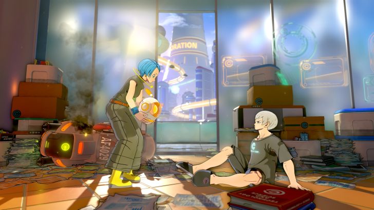 Deux personnages animés dans une pièce futuriste remplie de caisses et de papiers, l'un tenant un dispositif sphérique estampillé Capsule Corp. Par la fenêtre, on aperçoit une ville avec le mot 'CORPORATION' visible.