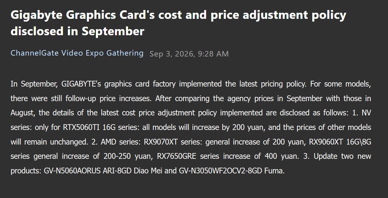 Annonce de la politique d'ajustement des prix des cartes graphiques Gigabyte en septembre pour plusieurs modèles.